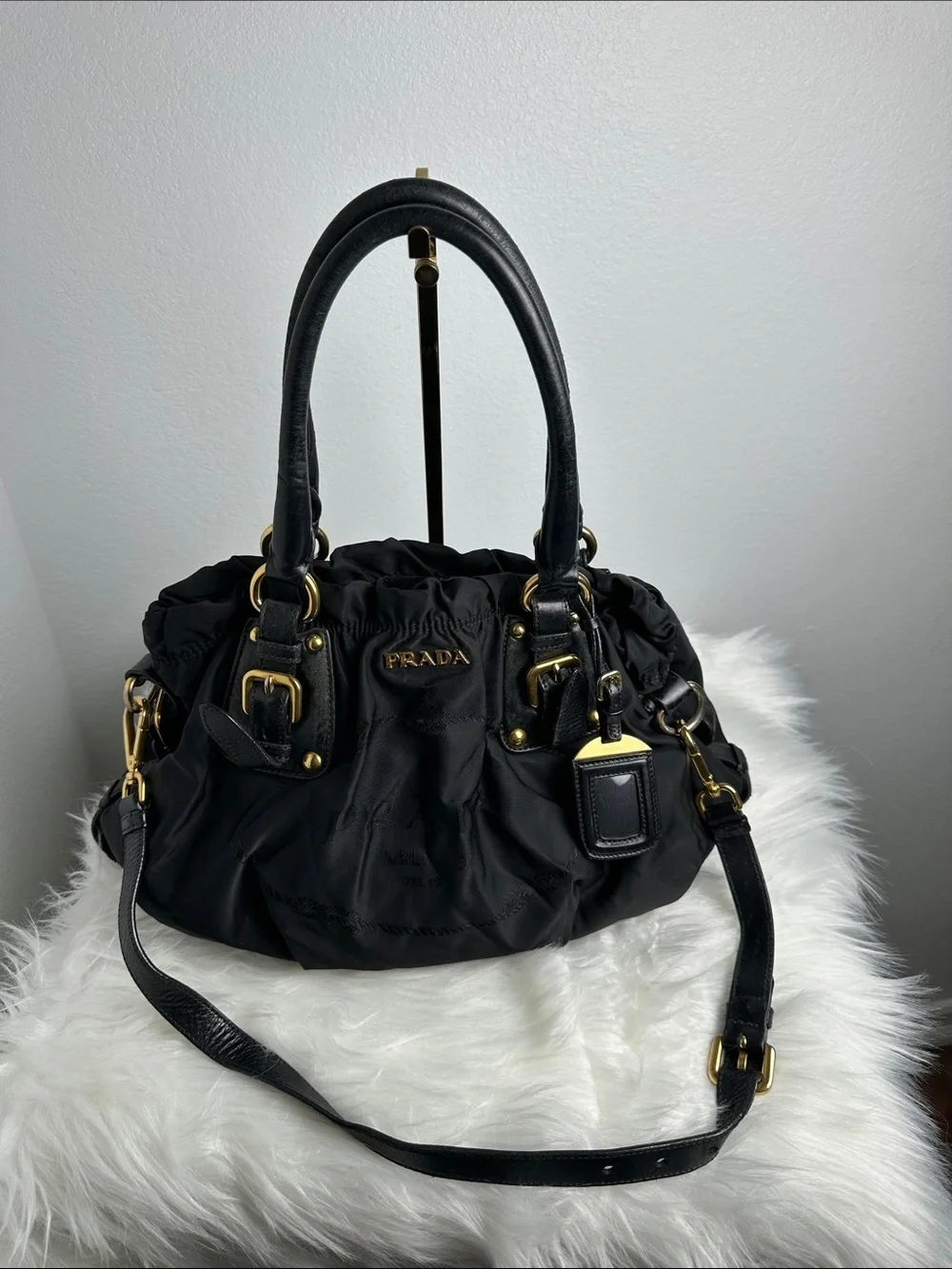 💯Authentic Prada Tessuto Nylon Gathered Satchel Shoulder Bag Black🍀